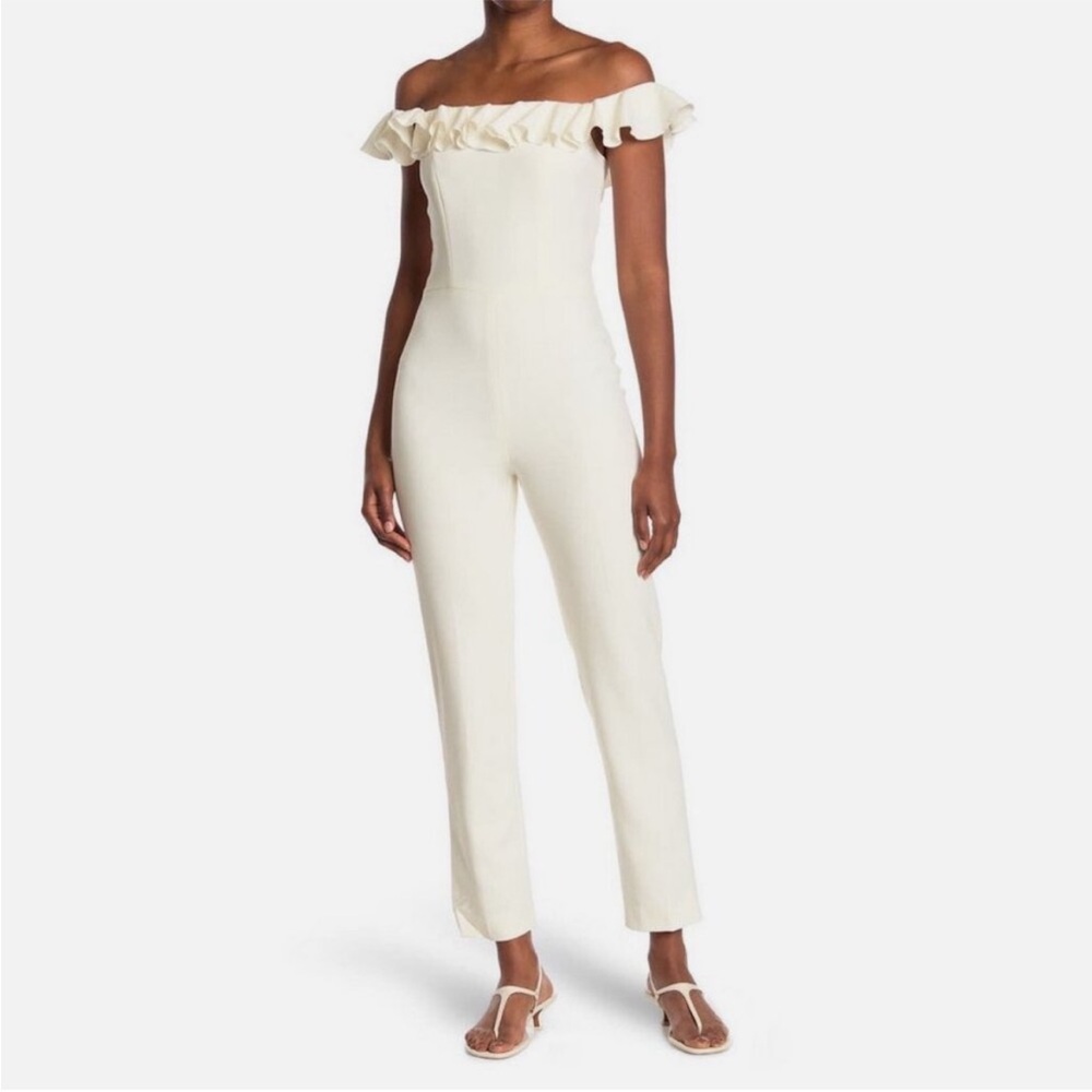 French Connection Whisper Off the Shoulder Ruffle Summer White Jumpsuit Size 0